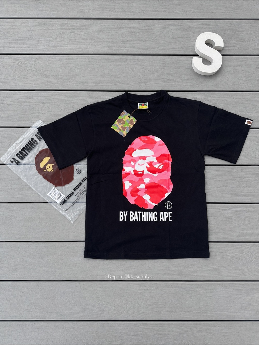 BAPE men’s  Black T-Shirt with Pink Camo Ape Logo size small